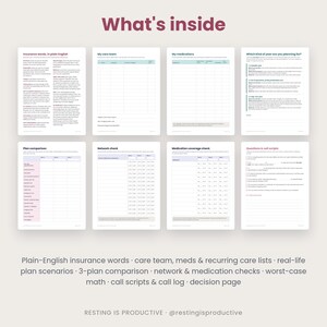 Grid of eight page previews from the kit: insurance glossary, care team, medications, plan scenarios, plan comparison, network check, medication coverage and call scripts