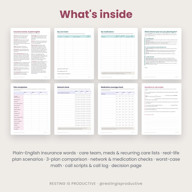 Grid of eight page previews from the kit: insurance glossary, care team, medications, plan scenarios, plan comparison, network check, medication coverage and call scripts