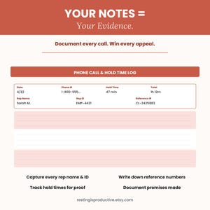K&ouml;nnte beinhalten: Ein druckbares Telefonprotokoll mit einer rostfarbenen Kopfzeile mit der Aufschrift "YOUR NOTES = Your Evidence". Das Protokoll enth&auml;lt Felder f&uuml;r Datum, Telefonnummer, Haltezeit und Gesamtzeit. Anweisungen sind enthalten.