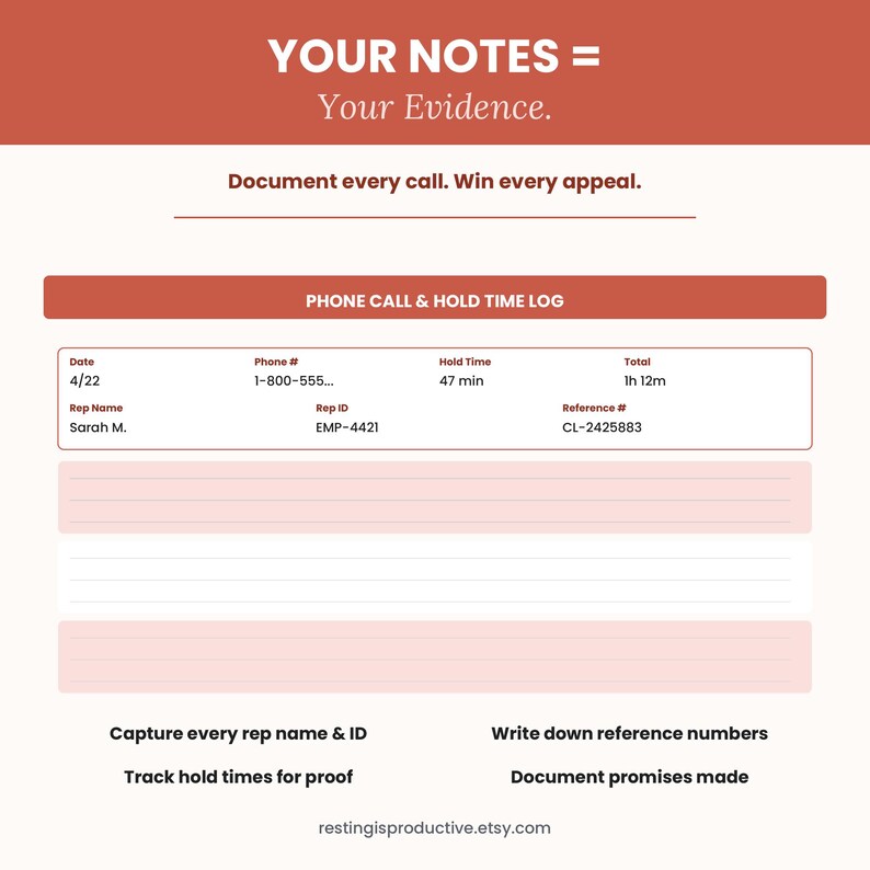K&ouml;nnte beinhalten: Ein druckbares Telefonprotokoll mit einer rostfarbenen Kopfzeile mit der Aufschrift "YOUR NOTES = Your Evidence". Das Protokoll enth&auml;lt Felder f&uuml;r Datum, Telefonnummer, Haltezeit und Gesamtzeit. Anweisungen sind enthalten.