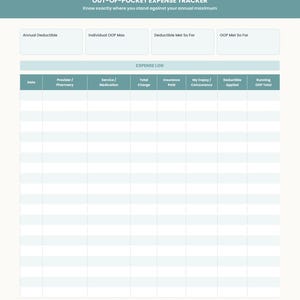 K&ouml;nnte beinhalten: Ein teal- und wei&szlig;farbener Ausgaben-Tracker mit dem Text "OUT-OF-POCKET EXPENSE TRACKER" oben. Der Tracker enth&auml;lt Abschnitte f&uuml;r den j&auml;hrlichen Selbstbehalt, das individuelle OOP-Maximum und Ausgabenprotokolle. Das Ausgabenprotokoll enth&auml;lt Spalten f&uuml;r Datum, Anbieter, Leistung, Gesamtbetrag und bezahlte Versicherung.