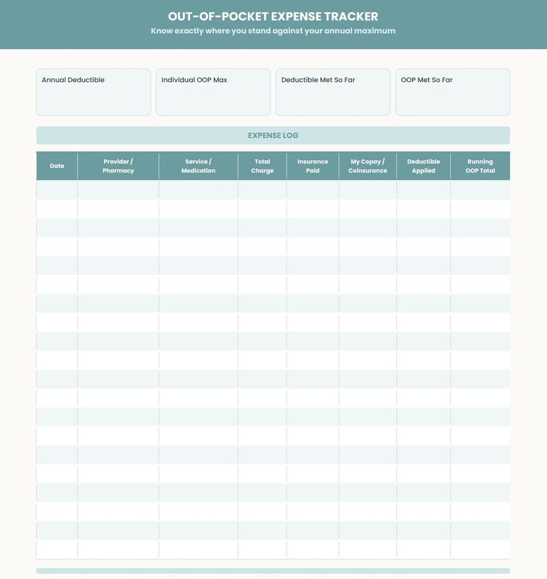 K&ouml;nnte beinhalten: Ein teal- und wei&szlig;farbener Ausgaben-Tracker mit dem Text "OUT-OF-POCKET EXPENSE TRACKER" oben. Der Tracker enth&auml;lt Abschnitte f&uuml;r den j&auml;hrlichen Selbstbehalt, das individuelle OOP-Maximum und Ausgabenprotokolle. Das Ausgabenprotokoll enth&auml;lt Spalten f&uuml;r Datum, Anbieter, Leistung, Gesamtbetrag und bezahlte Versicherung.
