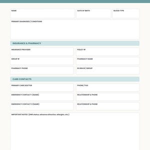 May include: A white medical profile form with teal headers featuring fields for name, date of birth, blood type, primary diagnoses, insurance, pharmacy, and care contacts. The document includes sections for emergency contacts and important notes.