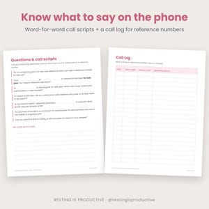 Insurance questions and word-for-word call scripts page next to a call log page for writing down reference numbers