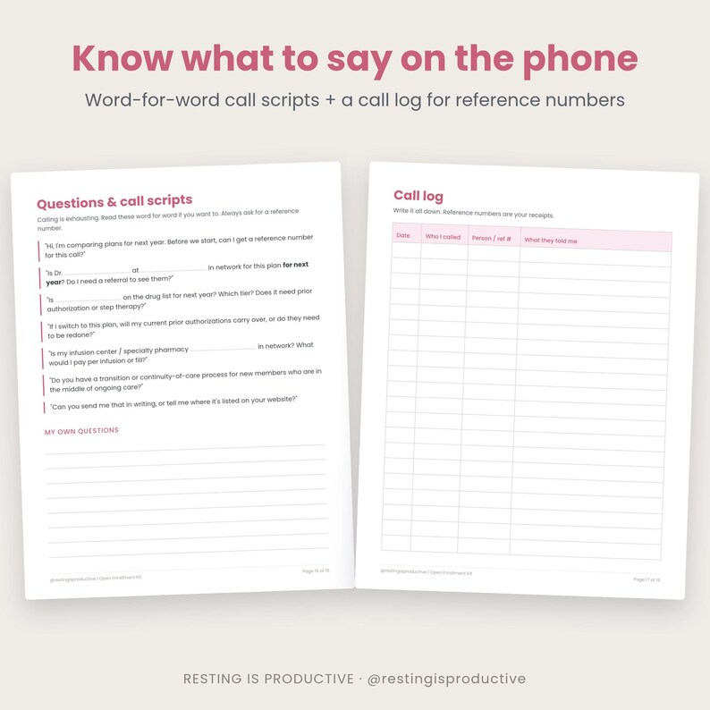 Insurance questions and word-for-word call scripts page next to a call log page for writing down reference numbers