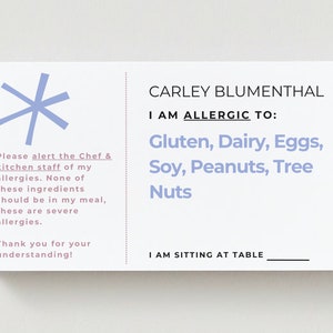 Customizable allergy alert cards.  Includes, name, allergen, restaurant instructions, table number.  Showing back sides.