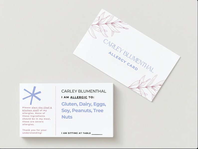 Customizable allergy alert cards.  Includes, name, allergen, restaurant instructions, table number.  Showing both sides.