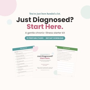 Op de afbeelding: Een digitale documentenset getiteld Just Diagnosed? Start Here, met 12 printbare pagina's voor het beheer van chronische ziekten. De pagina's bevatten checklists, symptoomlogboeken en vragen, gepresenteerd met blauwgroene en roze accenten.