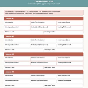 K&ouml;nnte beinhalten: Eine Vorlage f&uuml;r ein Anspruchs-Berufungsprotokoll mit Abschnitten zur Verfolgung von Ablehnungsinformationen. Das Dokument enth&auml;lt Felder f&uuml;r das Ablehnungsdatum, Anspruchsdetails, Ablehnungsgr&uuml;nde und Berufungsergebnisse. Der Text oben lautet "CLAIM APPEAL LOG".