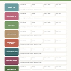 May include: A My Care Team Directory printable form with a green header and eight colored rows. Each row lists a medical specialist category and includes blank fields for doctor name, phone, portal or email, next appointment, and hospital address.