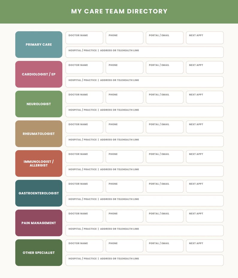 May include: A My Care Team Directory printable form with a green header and eight colored rows. Each row lists a medical specialist category and includes blank fields for doctor name, phone, portal or email, next appointment, and hospital address.