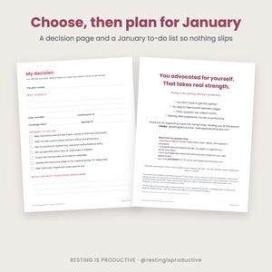 My decision page with a January to-do list, next to the closing gentle reminders page that says you advocated for yourself