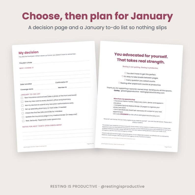 My decision page with a January to-do list, next to the closing gentle reminders page that says you advocated for yourself