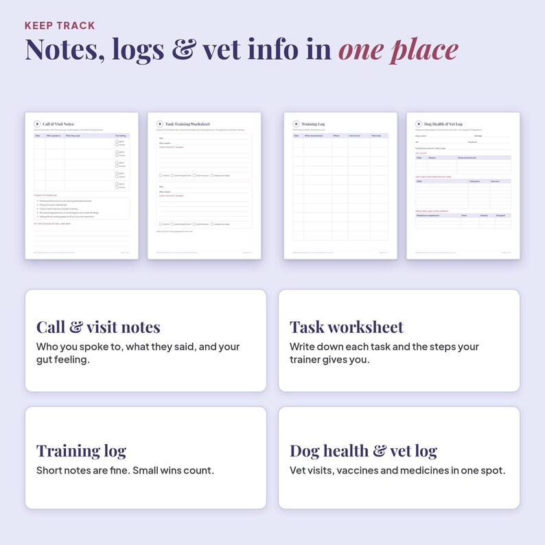 Training log and dog health and vet log pages