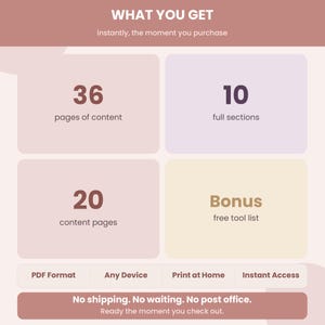 May include: A graphic with the text "WHAT YOU GET" and details: 36 pages of content, 10 full sections, 20 content pages, and a bonus free tool list. It also states PDF format, any device, print at home, and instant access.
