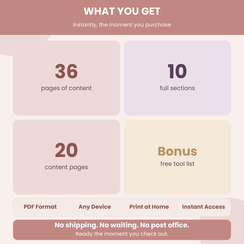 May include: A graphic with the text "WHAT YOU GET" and details: 36 pages of content, 10 full sections, 20 content pages, and a bonus free tool list. It also states PDF format, any device, print at home, and instant access.