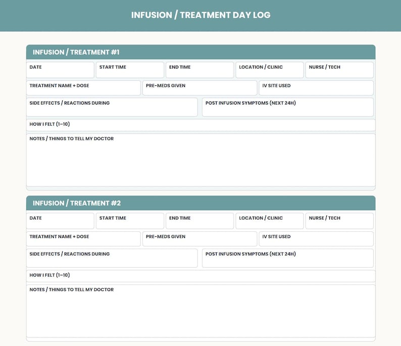 May include: An Infusion / Treatment Day Log document with a teal header. It features two identical sections for Treatment #1 and #2, including fields for date, start and end times, clinic location, nurse, treatment name, dose, pre-meds, IV site, side effects, symptoms, a 1-10 feeling scale, and notes.