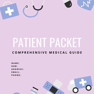 Patient Packet for Spoonies Cover: Name, DOB, Address, Email, Phone Number.  Featuring cute medical items in a light blue color.