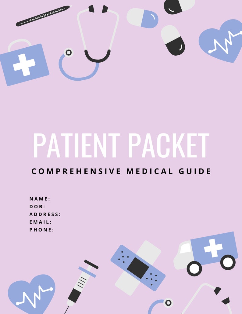 Patient Packet for Spoonies Cover: Name, DOB, Address, Email, Phone Number.  Featuring cute medical items in a light blue color.