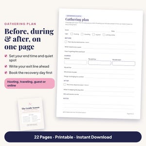 Before, during and after on one page: the Gathering plan page with checkboxes for hosting, traveling, being a guest or joining online, boxes for arrival, end time and quiet spot, an exit line, and a recovery day section.