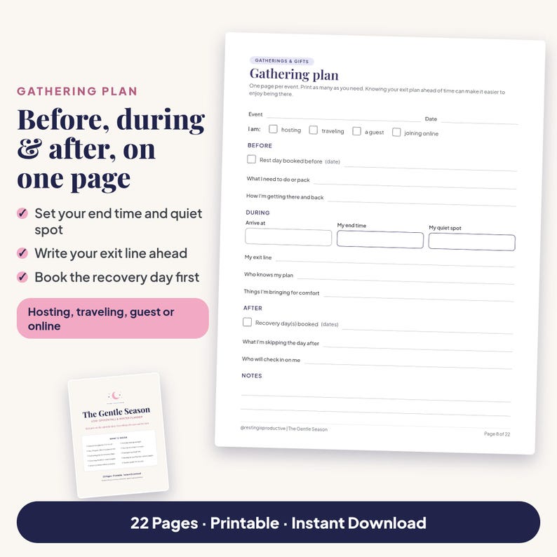 Before, during and after on one page: the Gathering plan page with checkboxes for hosting, traveling, being a guest or joining online, boxes for arrival, end time and quiet spot, an exit line, and a recovery day section.
