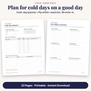 Plan for cold days on a good day: previews of the Cold-day planner (best time window, tasks that could move online, who to text for help) and the My within-reach list with boxes for cozy things, snacks, tech, and pet or service dog items.
