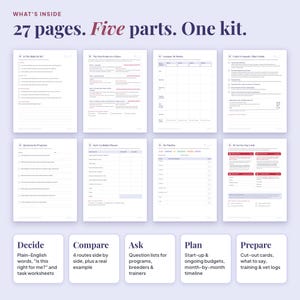 What's inside the service dog kit: decide, compare, ask, plan and prepare sections