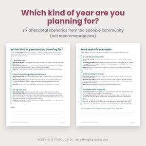 Two real-life plan scenario pages titled Which kind of year are you planning for, with six anecdotal examples from the spoonie community, not recommendations