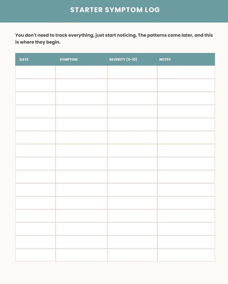 Op de afbeelding: Een afdrukbaar starterssymptomenlogboek met een blauwgroene koptekst met de tekst STARTER SYMPTOM LOG. Daaronder staat: You don't need to track everything, just start noticing. The patterns come later, and this is where they begin. Een tabel volgt met kolommen voor DATE, SYMPTOM, SEVERITY (0-10) en NOTES.
