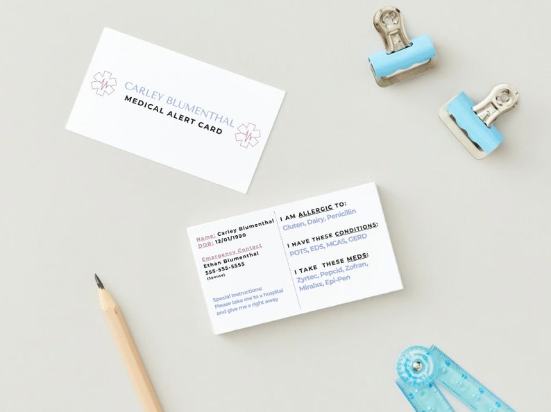 Customizable medical alert cards.  Includes, name, allergens, EMS instructions, conditions, medications, emergency contact, DOB.  Shows both sides of card.  Pencils and other school supplies surround the card.