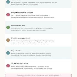 May include: A digital instruction guide featuring six bullet points with coloured circles. Text includes Print & Protect, Print as Many Copies as You Need, Customize Your Setup, Bring It to Every Appointment, Keep It Updated, and Use the Daily Rest Tracker.