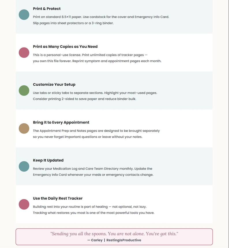 May include: A digital instruction guide featuring six bullet points with coloured circles. Text includes Print & Protect, Print as Many Copies as You Need, Customize Your Setup, Bring It to Every Appointment, Keep It Updated, and Use the Daily Rest Tracker.