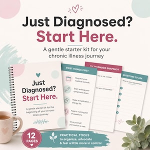 Op de afbeelding: Een spiraalgebonden starterkit van 12 pagina's voor het beheer van chronische ziekten. De omslag bevat de tekst Just Diagnosed? Start Here. Het bevat pagina's voor medische dossiers, symptoomregistratie, medicatielijsten en vragen voor afspraken.