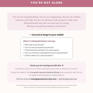 May include: A printed informational card with a mauve header reading YOU'RE NOT ALONE. It includes a text box with supportive affirmations, a dashed-border section titled Cut out & keep in your wallet with medical advocacy scripts, and footer text.