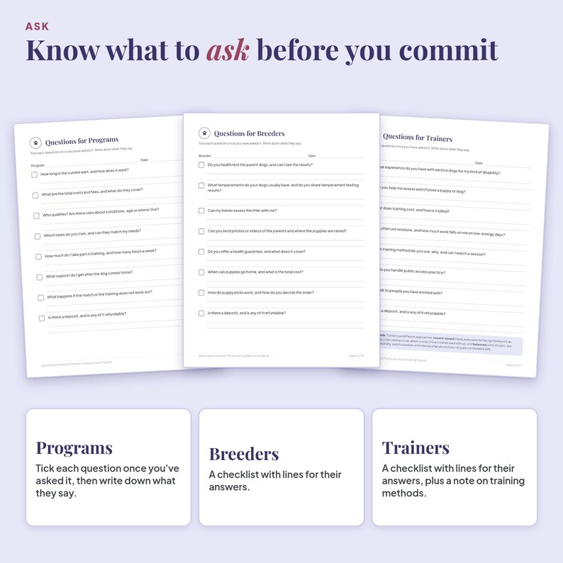 Question lists for programs, breeders and trainers with lines for writing their answers