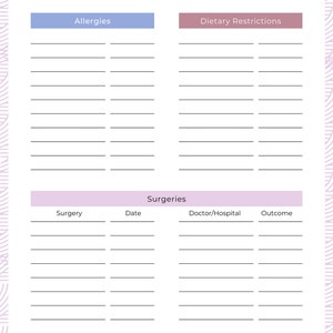 Patient Packet for Spoonies Sample Page: Additional Details (allergies, dietary restrictions, surgeries)
