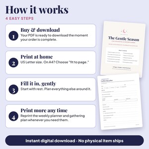 How it works in 4 easy steps: buy and download your PDF, print at home on US Letter (A4: fit to page), fill it in gently, print more any time. Banner: Instant digital download, no physical item ships.
