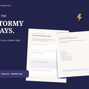 May include: Two white printed planning sheets on a dark blue background. The text reads: Resting is productive, For the stormy days, Plan it on a clearer day, Your personal flare plan, and Stormy-day minimum care, with a yellow lightning bolt icon.