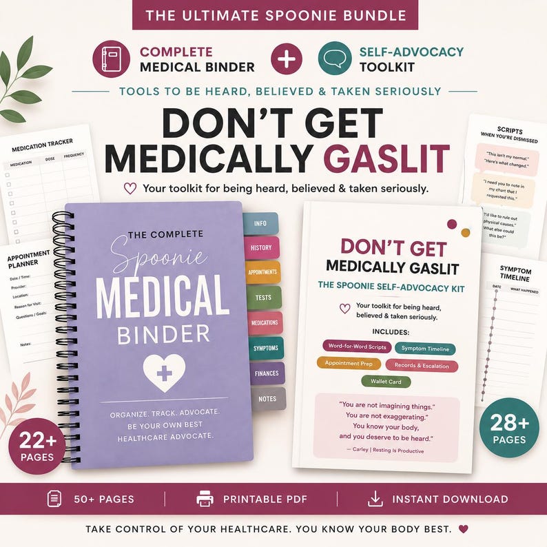 May include: The Ultimate Spoonie Bundle includes a purple spiral-bound Complete Medical Binder with coloured tabs and a white Don't Get Medically Gaslit self-advocacy toolkit. The set features printable pages for medication tracking, appointment planning, and symptom timelines.