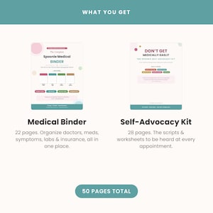 May include: A digital medical binder and self-advocacy kit with 50 pages total. The medical binder includes 22 pages for organising doctors, medications, symptoms, labs, and insurance. The self-advocacy kit contains 28 pages of scripts and worksheets.
