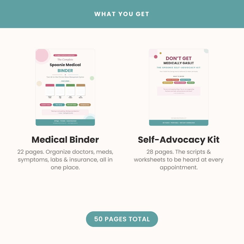 May include: A digital medical binder and self-advocacy kit with 50 pages total. The medical binder includes 22 pages for organising doctors, medications, symptoms, labs, and insurance. The self-advocacy kit contains 28 pages of scripts and worksheets.