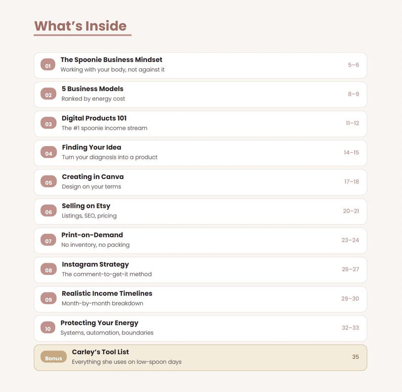 May include: A cream-colored page titled "What's Inside" lists topics including "Selling on Etsy," "Print-on-Demand," and "Instagram Strategy." The text is in a sans-serif font, with section titles in a darker shade of cream.