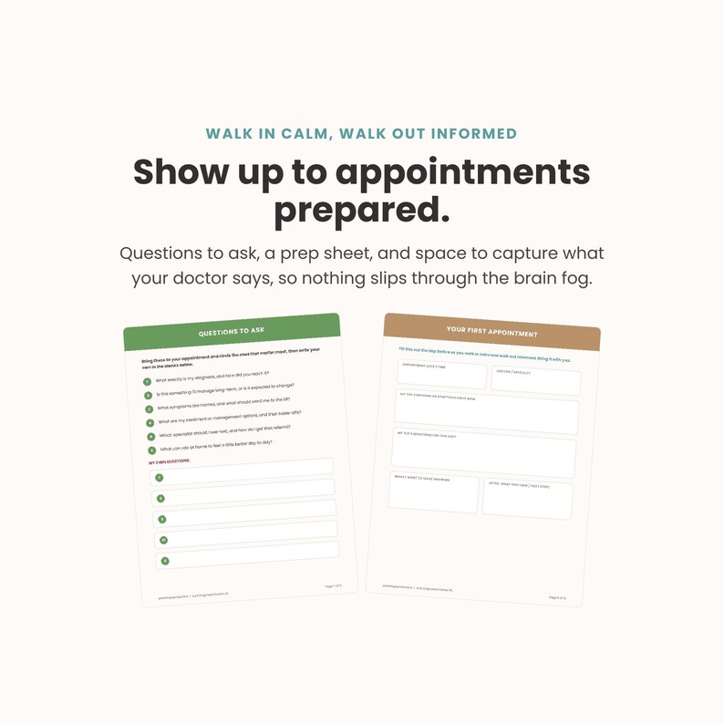 Op de afbeelding: Twee geprinte planningsbladen voor medische afspraken. Het linkerblad heeft een groene koptekst met de tekst QUESTIONS TO ASK met een lijst vragen en lege regels. Het rechterblad heeft een beige koptekst met de tekst YOUR FIRST APPOINTMENT.