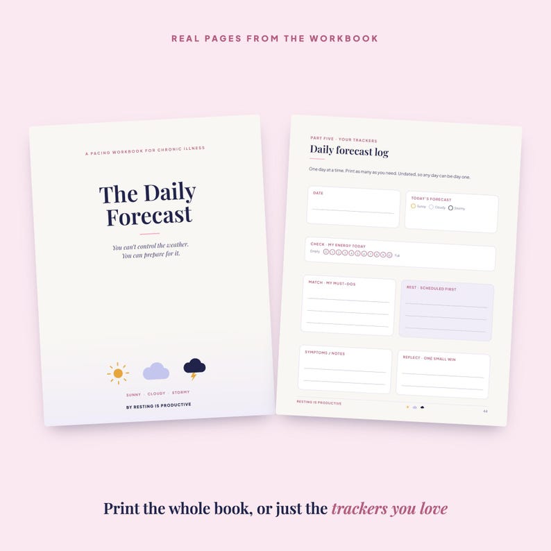 May include: Two pages from a workbook titled The Daily Forecast. The left page features the title, a subtitle, and weather icons. The right page shows a daily forecast log with sections for date, energy levels, tasks, symptoms, and reflections.
