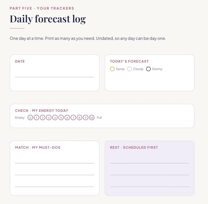May include: A daily forecast log planner page with sections for date, weather forecast, energy level tracking from empty to full, must-dos, and scheduled rest. The text includes Part Five Your Trackers, Daily forecast log, and One day at a time.