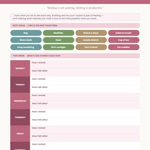 May include: A Daily Rest Tracker printable planner page with a mauve header, a quote about resting, and a section for rest ideas featuring colored buttons like Nap, Meditate, and Read. Below is a weekly log for Monday through Saturday.