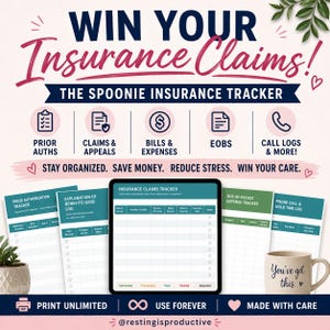 K&ouml;nnte beinhalten: Ein Bild, das "The Spoonie Insurance Tracker" bewirbt, mit Text und Symbolen zur Organisation von Versicherungsanspr&uuml;chen. Enth&auml;lt Formulare f&uuml;r Vorabgenehmigungen, Anspr&uuml;che, Rechnungen und Anrufprotokolle. Eine Tasse mit "You've got this" ist ebenfalls zu sehen.