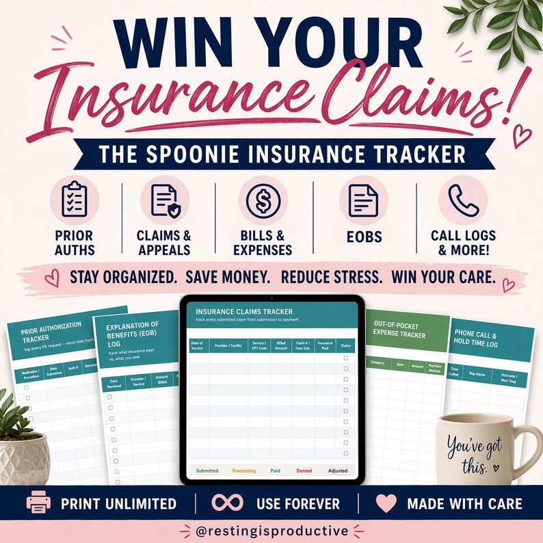 K&ouml;nnte beinhalten: Ein Bild, das "The Spoonie Insurance Tracker" bewirbt, mit Text und Symbolen zur Organisation von Versicherungsanspr&uuml;chen. Enth&auml;lt Formulare f&uuml;r Vorabgenehmigungen, Anspr&uuml;che, Rechnungen und Anrufprotokolle. Eine Tasse mit "You've got this" ist ebenfalls zu sehen.