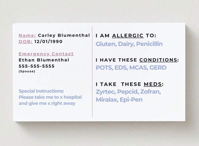 Customizable medical alert cards.  Includes, name, allergens, EMS instructions, conditions, medications, emergency contact, DOB.  Shows back side of card.