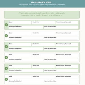 K&ouml;nnte beinhalten: Ein hellgr&uuml;ner und wei&szlig;er Planer mit dem Titel "MY INSURANCE WINS!" mit ausf&uuml;llbaren Abschnitten zur Verfolgung von Versicherungsgewinnen. Enth&auml;lt Platz f&uuml;r Daten, Strategien, Gewinne, Einsparungen und Gef&uuml;hle. Der Text "Every approval, every successful appeal, every dollar saved - write it here" ist ebenfalls enthalten.